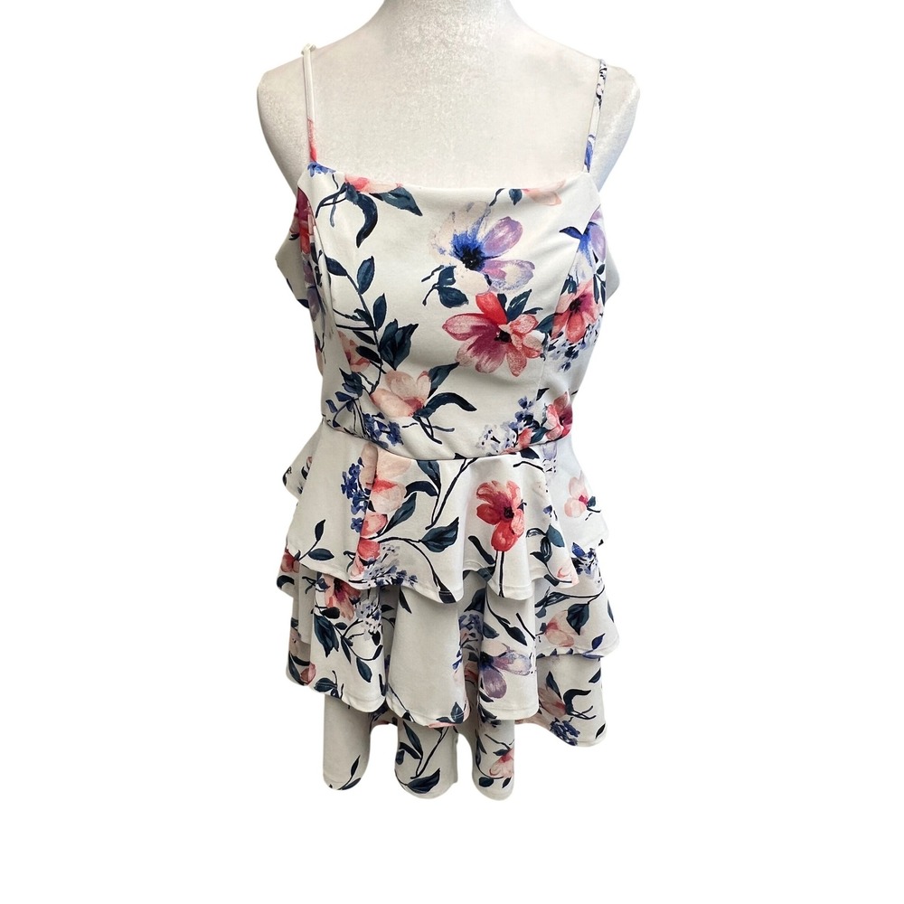 Whimsy Floral Mini Dress Sleeveless Tiered Ruffle Cutout Back Sz XL Cottagecore